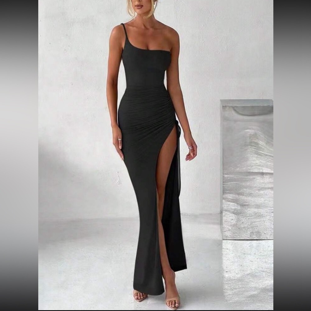 New one shoulder high slit ruched side maxi dress~